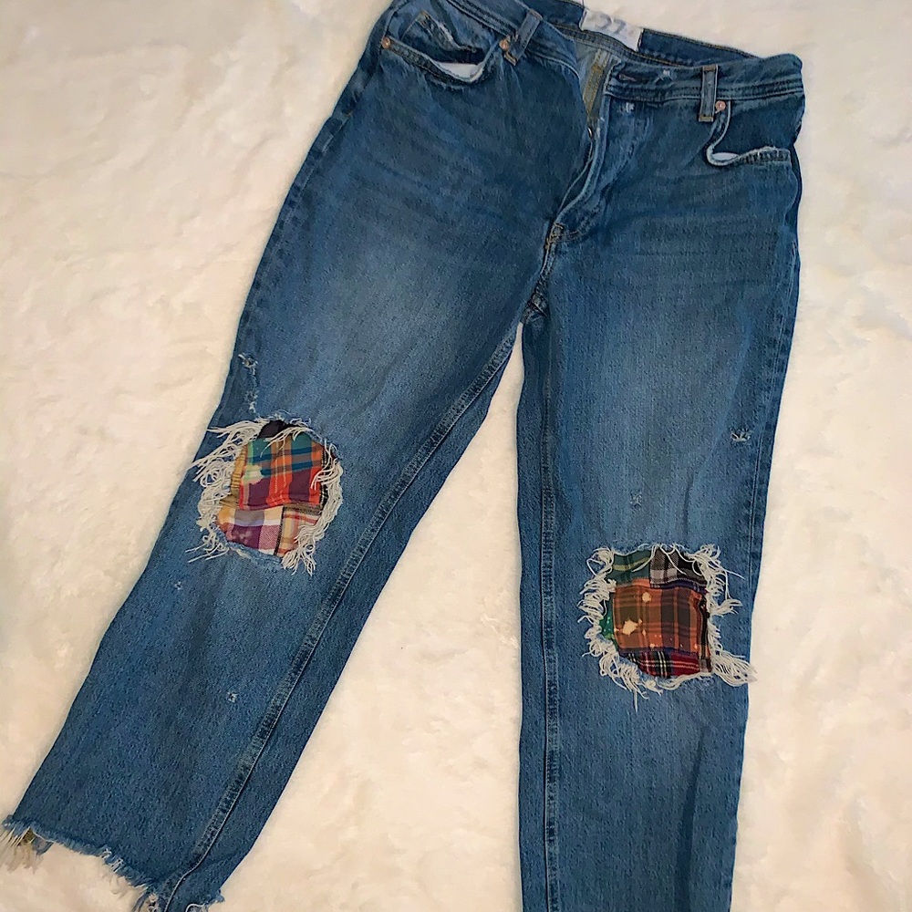 freepeople jeans, rips and plaid details